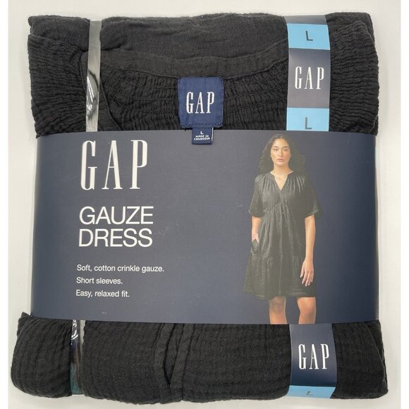 Gap Women's Gauze Tiered Dress Size Large Black Short Sleeve BOHO V Neck - Picture 1 of 3